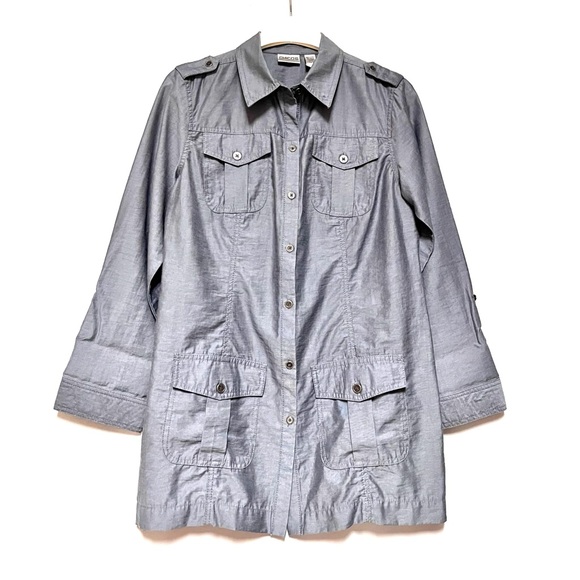 Vintage Chicos Jacket Military Linen Blend Grey SZ 1 Medium Minimalist Lagenlook - Picture 2 of 11